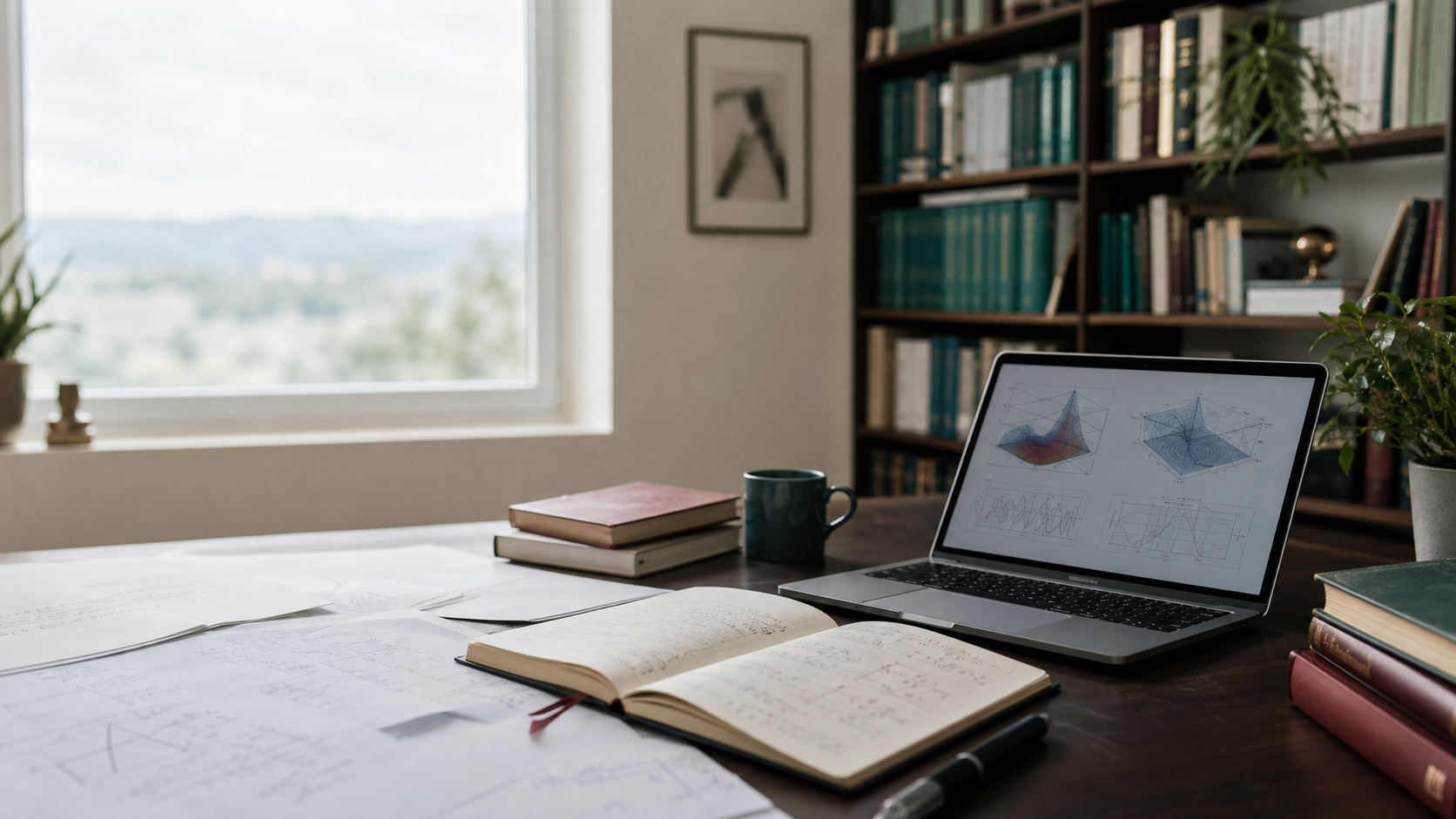 Academic desk with papers, notebook, laptop, and bookshelves.